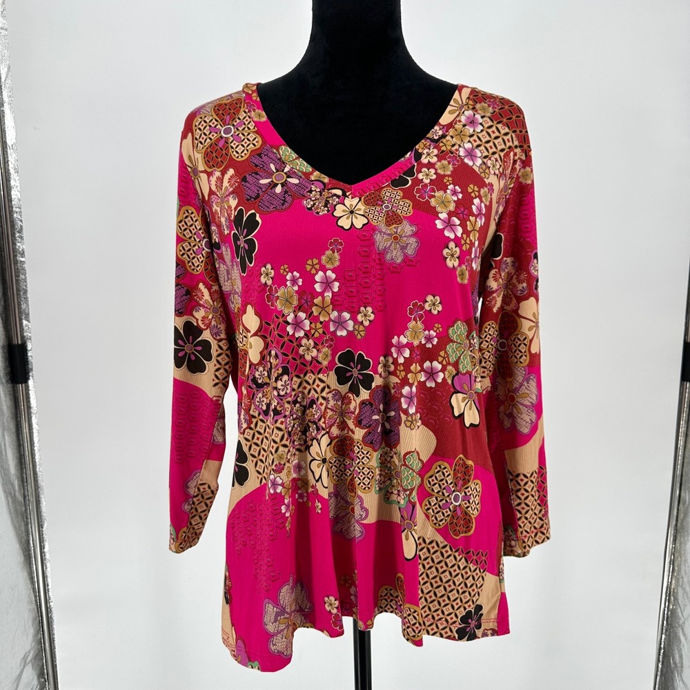 Johnny Was Yama Favorite 3/4 Sleeve V-Neck Swing Tee Floral Boho Pink Large - Picture 3 of 7
